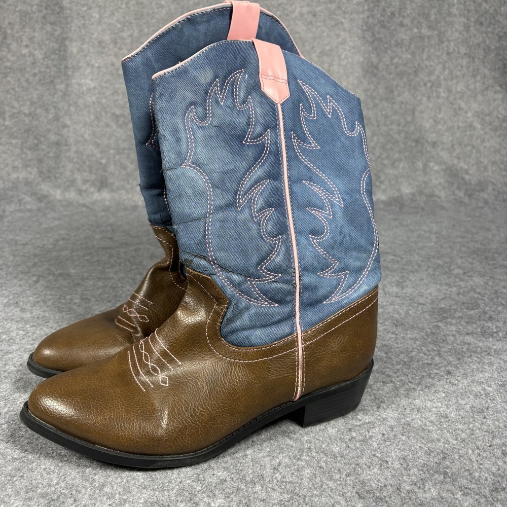 Faded Glory GGFG26DP024 Western Boots 5 Brown Blue Denim Pink Stitching
